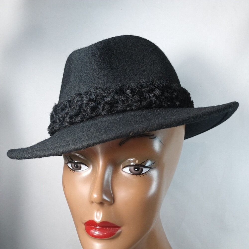 Vintage 1970-80s Morgan Taylor Merino Wool Fedora Hat Black Italy Sm 21.5" Circ.
